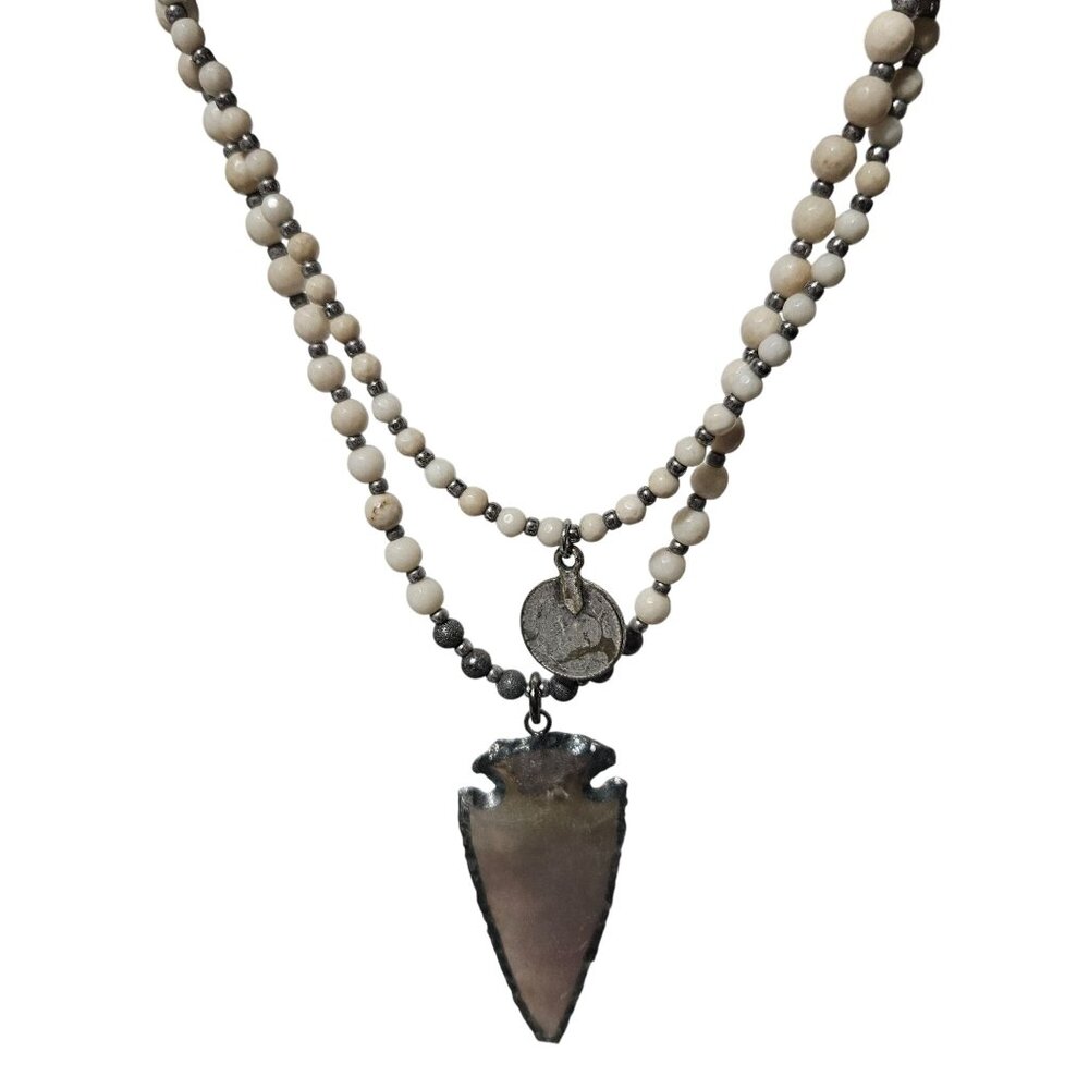 Handmade Arrowhead Pendant Double Strand Beaded Necklace Coin Charm Jewelry